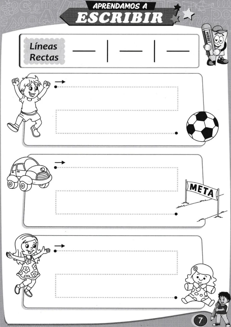 Straight-line tracing practice: follow three turning paths to a soccer ball, 'META' (finish), and a doll