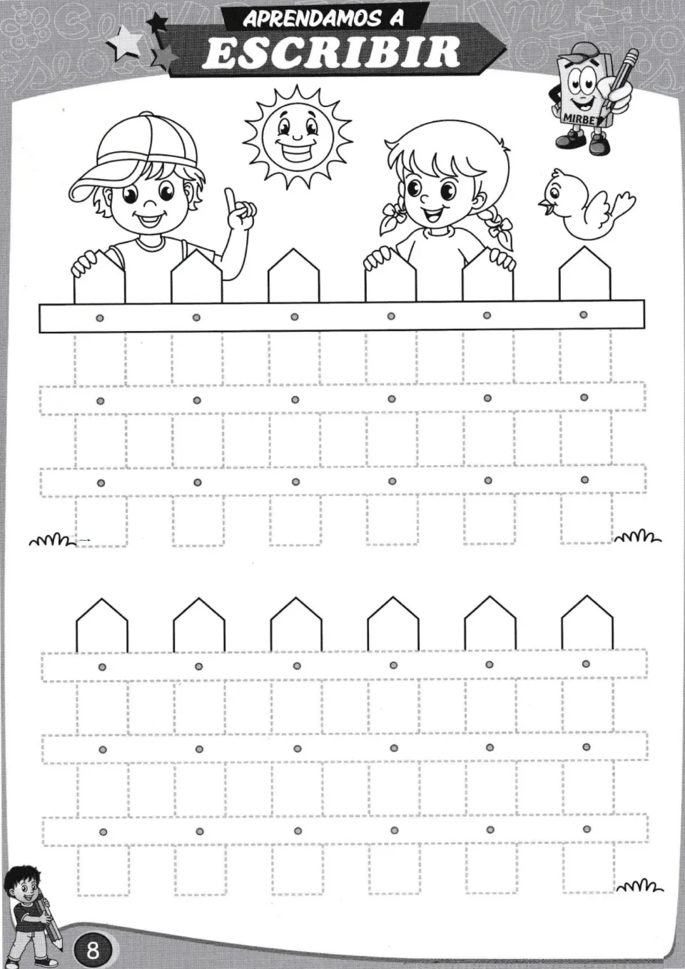 Fence tracing practice: complete two picket fences by tracing their horizontal rails and vertical boards