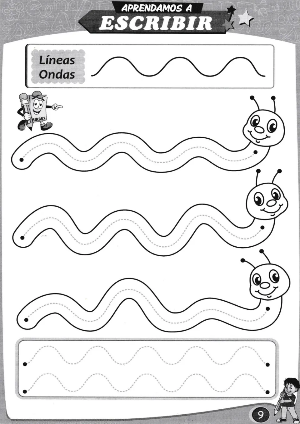 Wavy-line tracing practice: follow paths through three worm shapes, then trace two additional wave patterns