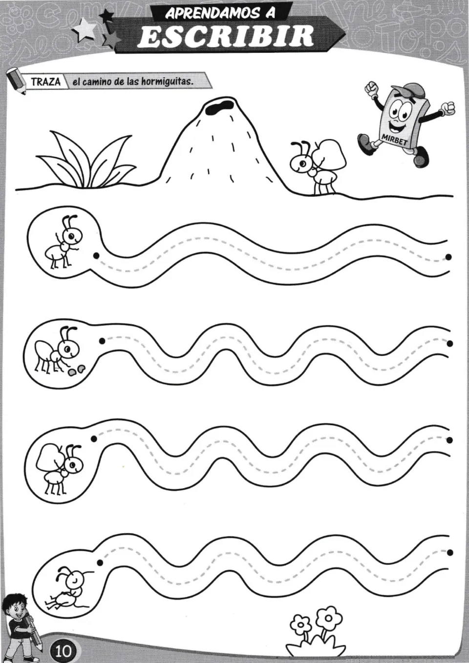 Wavy-line tracing practice: follow four curved ant paths in the Spanish activity 'el camino de las hormiguitas'