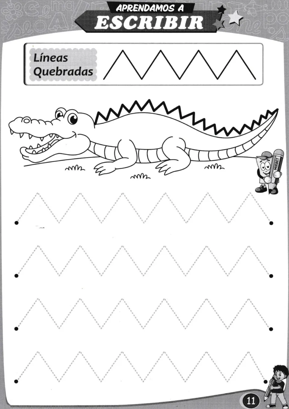 Zigzag tracing practice: trace four repeated patterns beneath 'Líneas Quebradas' (zigzag lines) and a crocodile