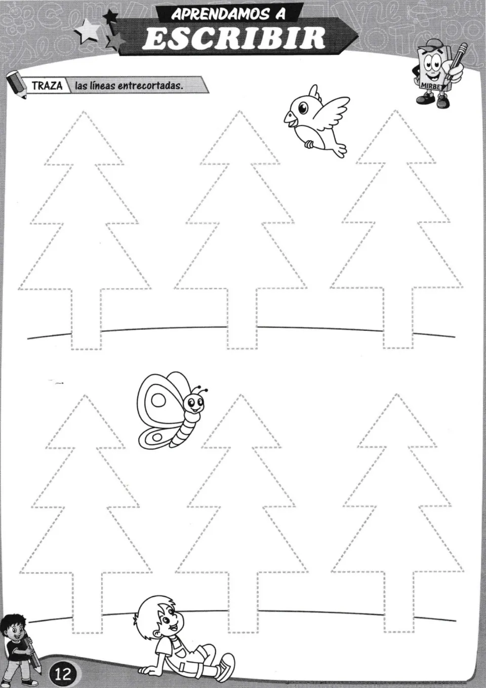 Tree-outline tracing practice: trace six pointed evergreen trees using diagonal, horizontal, and vertical strokes