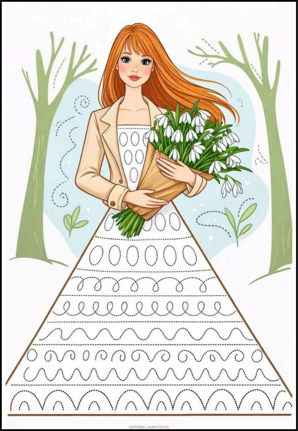Spring tracing activity featuring ovals, loops, waves, and arches on the dress of a woman holding flowers