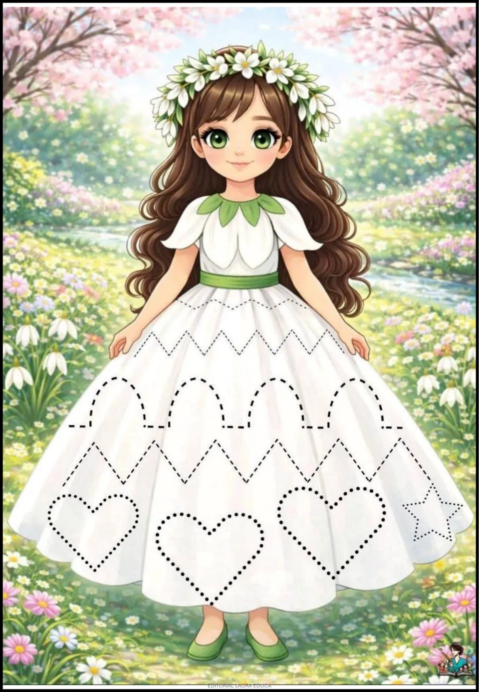Spring tracing activity featuring zigzags, arches, hearts, and a star on a girl's flower-themed dress