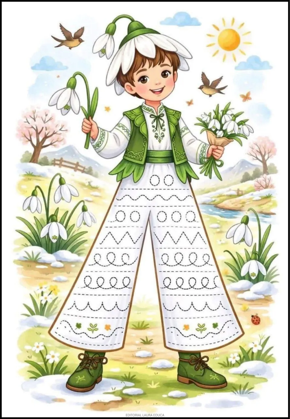 Spring tracing activity featuring circles, waves, zigzags, and loops on a flower-hatted boy's pants