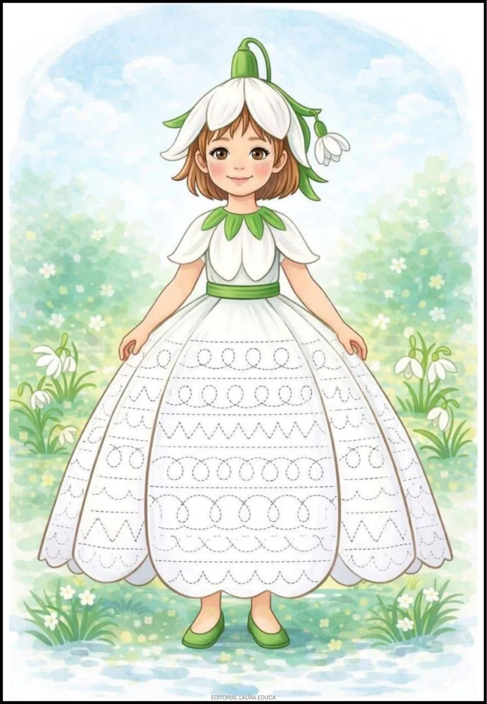 Spring tracing activity featuring loops, zigzags, and scallops on a girl's dress beneath a flower hat