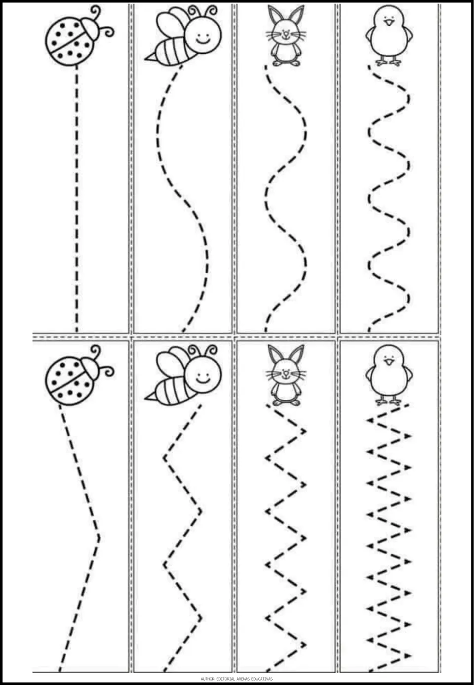 Tracing worksheet 1: eight straight, curved, and zigzag paths starting at ladybugs, bees, rabbits, and chicks.