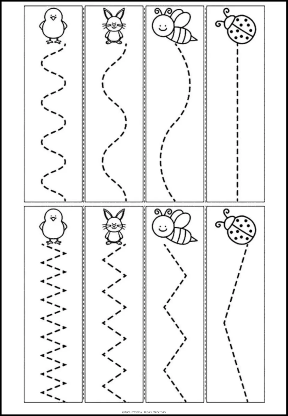 Tracing worksheet 2: eight curved, straight, and zigzag paths starting at chicks, rabbits, bees, and ladybugs.