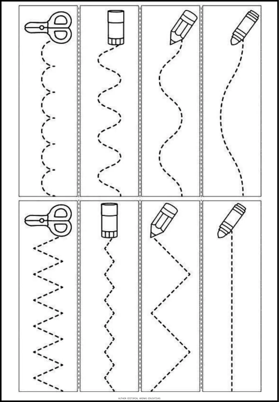 Tracing worksheet 3: eight varied paths starting at scissors, glue sticks, pencils, and crayons.