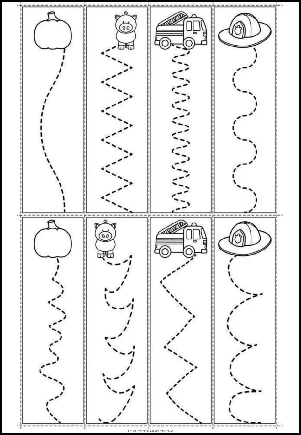 Tracing worksheet 4: eight curved and zigzag paths starting at pumpkins, pigs, fire trucks, and helmets.