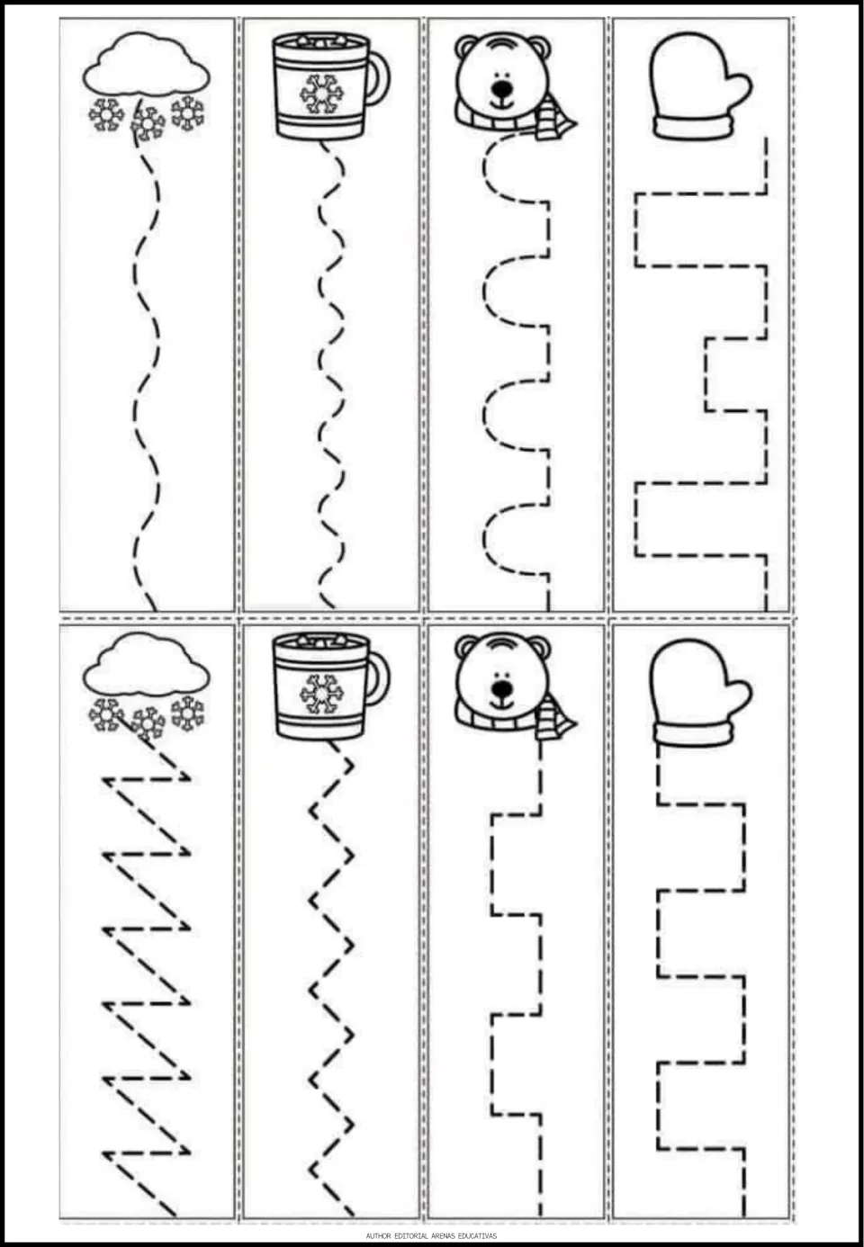 Tracing worksheet 5: eight paths with curves, zigzags, and right angles beneath winter-themed pictures.