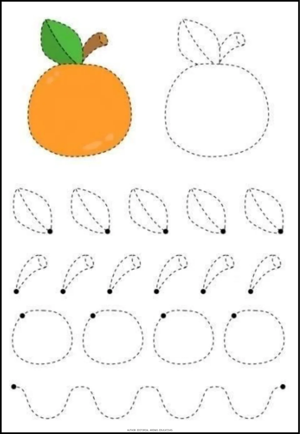 Orange tracing worksheet featuring a colored example, a fruit outline, leaves, stems, and a wavy path
