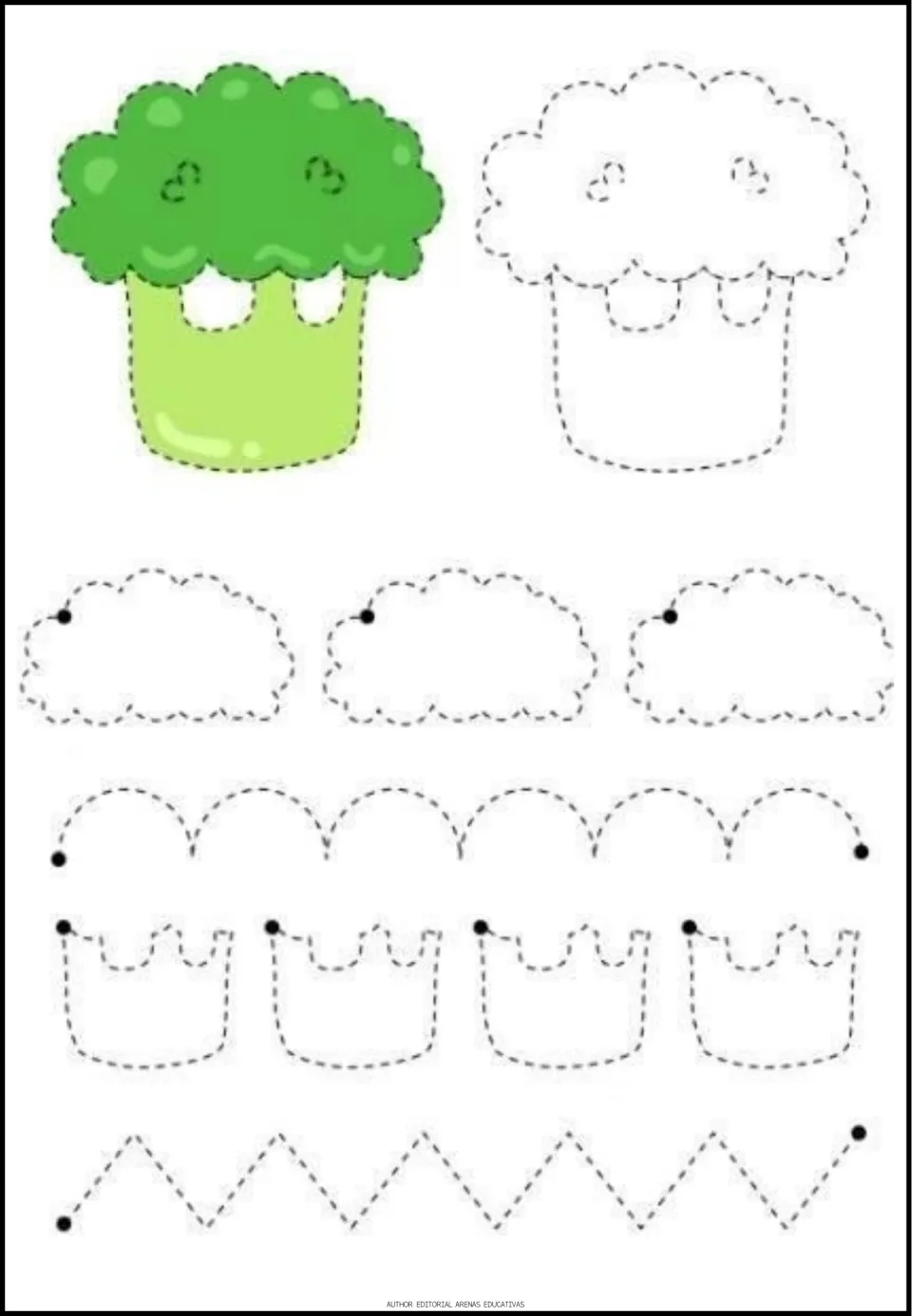 Broccoli tracing worksheet featuring a colored example, floret and stalk outlines, arches, and zigzags