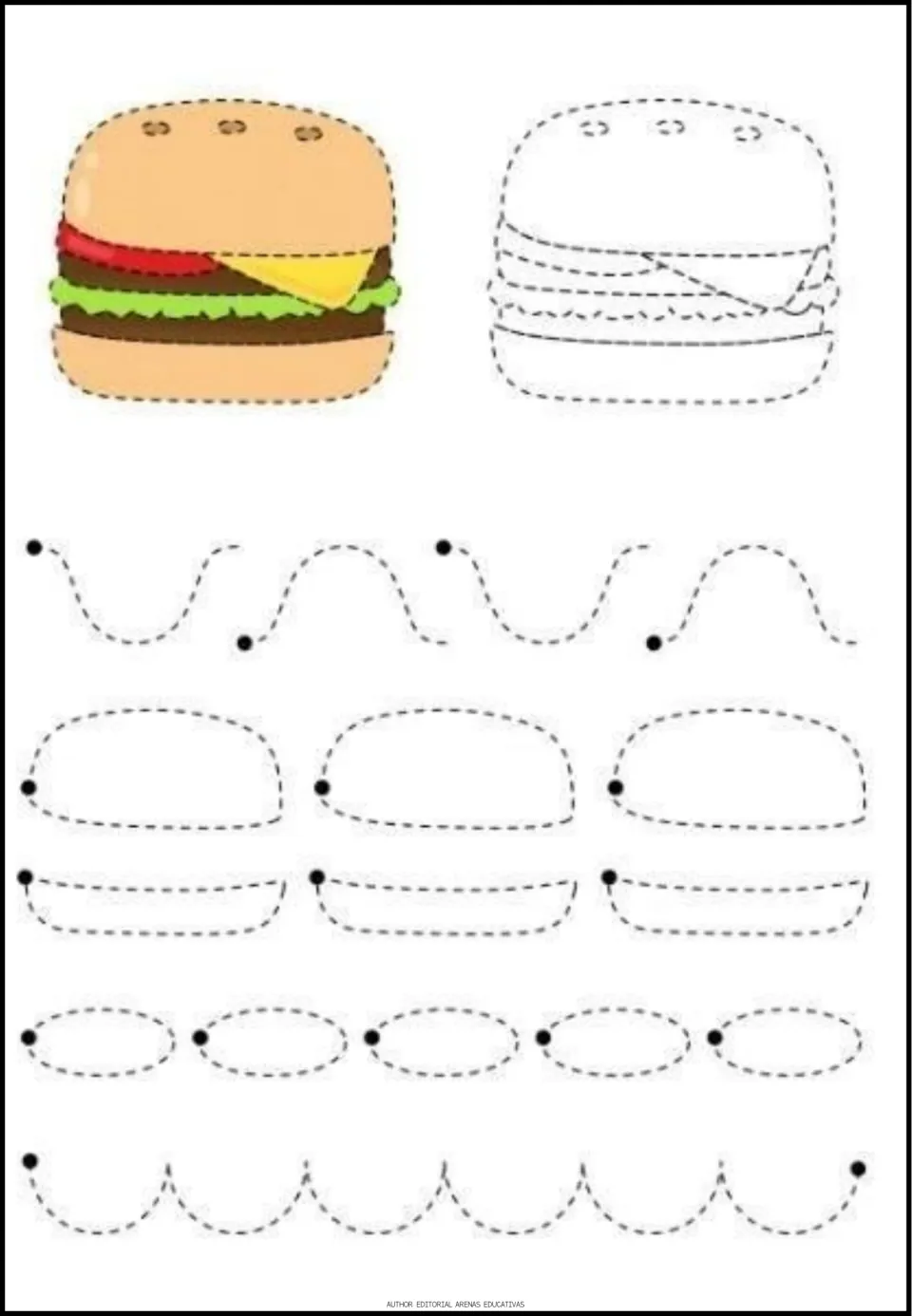 Hamburger tracing worksheet featuring a colored example, bun outlines, ovals, waves, and scalloped curves
