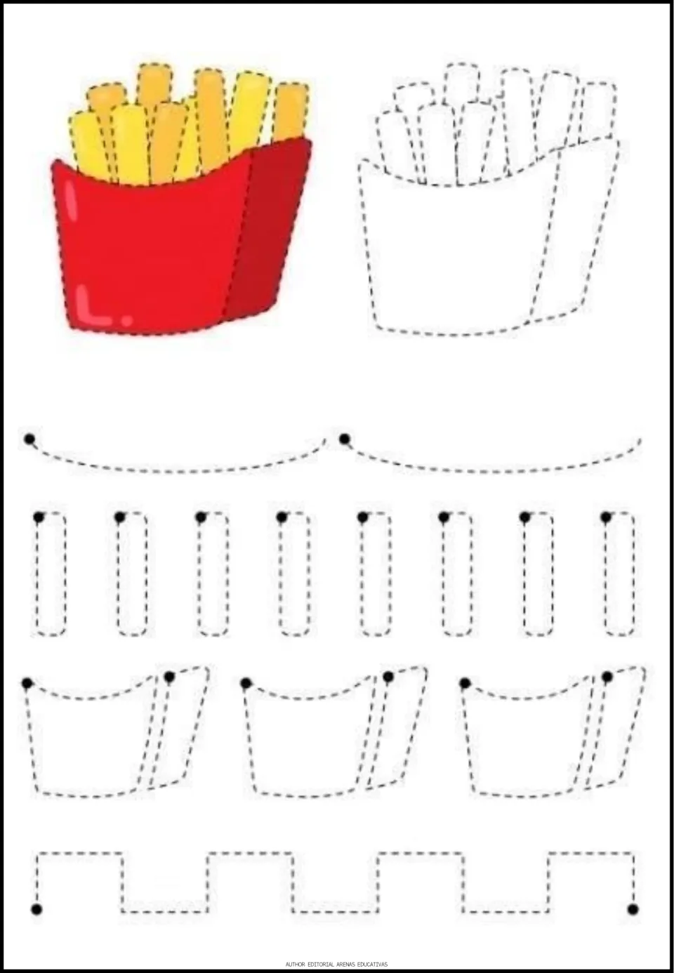 French fries tracing worksheet featuring a colored example, fry and carton outlines, and a stepped path