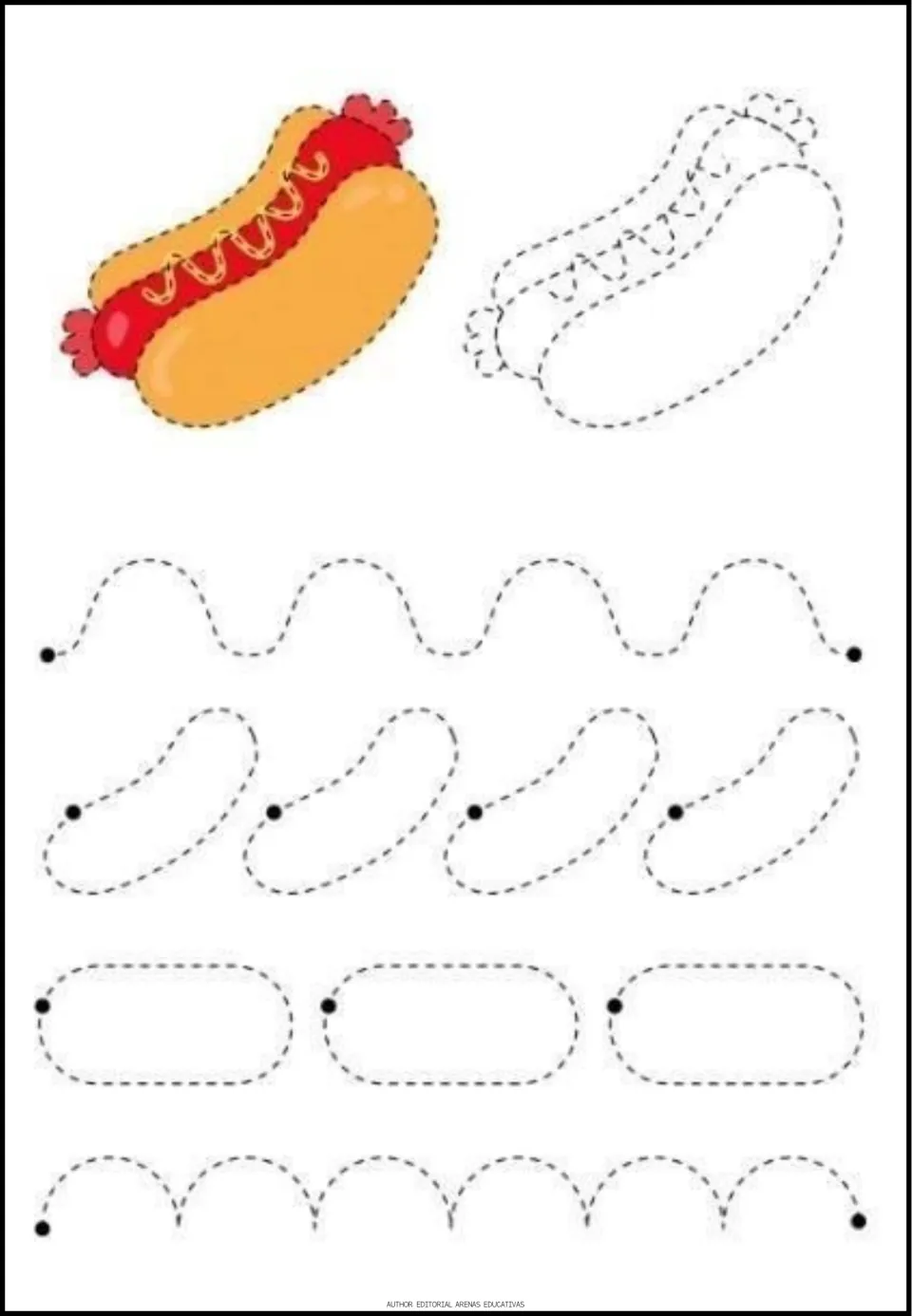 Hot dog tracing worksheet featuring a colored example, bun shapes, rounded rectangles, waves, and arches