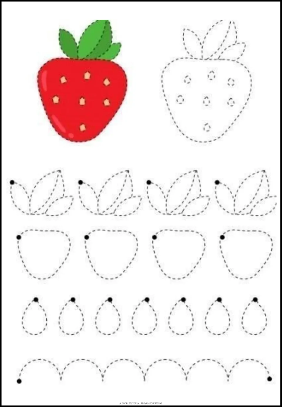 Strawberry tracing worksheet featuring a colored example, leaf clusters, fruit outlines, seeds, and arches