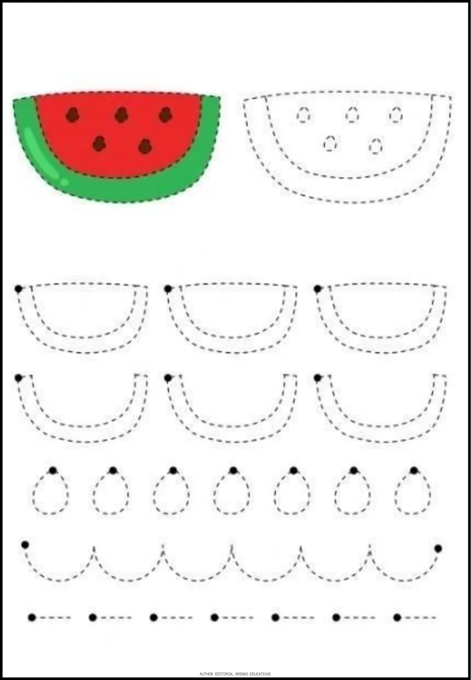Watermelon tracing worksheet featuring a colored slice, rind shapes, seeds, curves, and short strokes