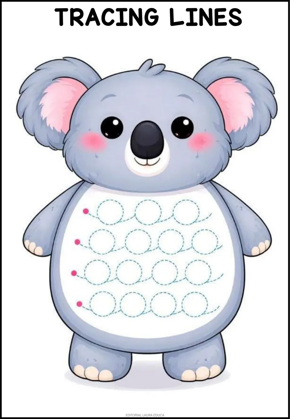 Koala tracing worksheet featuring four rows of connected circular loops, each marked by a pink starting dot