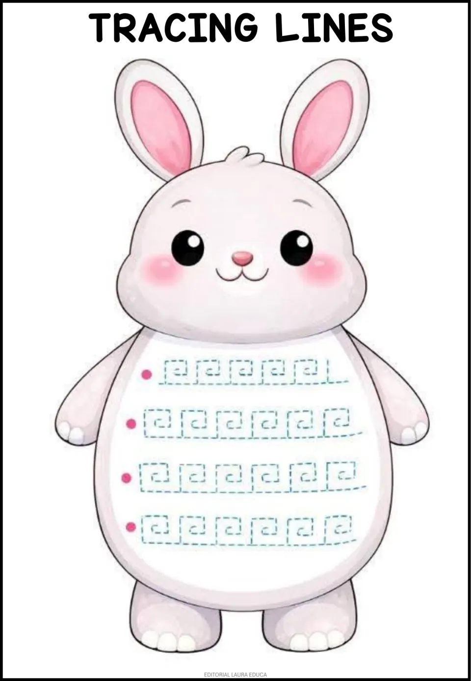 Rabbit tracing worksheet featuring four rows of repeating square spirals, each marked by a pink starting dot