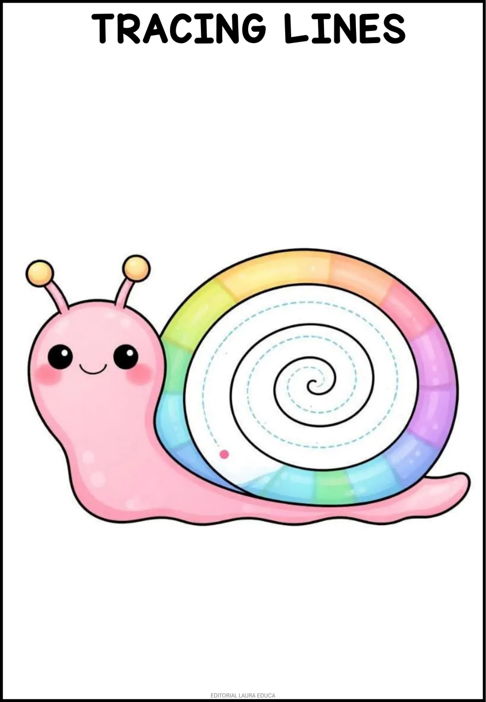 Snail tracing worksheet featuring a single dashed spiral inside the shell, marked by a pink starting dot