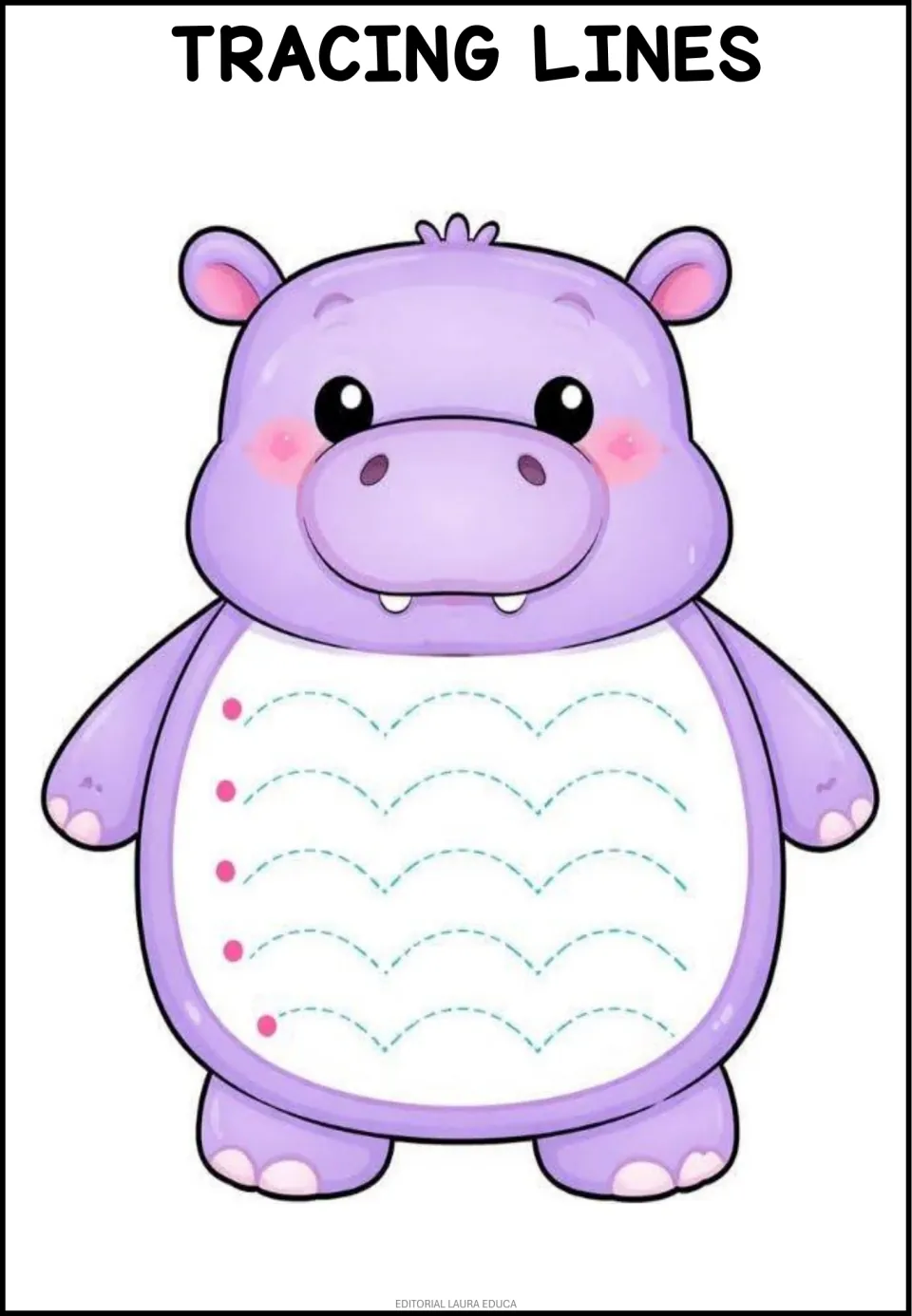 Hippo tracing worksheet featuring five rows of connected arches, each marked with a pink starting dot