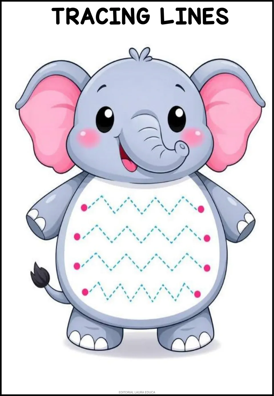 Elephant tracing worksheet featuring four rows of dashed zigzag paths, with pink dots marking both ends