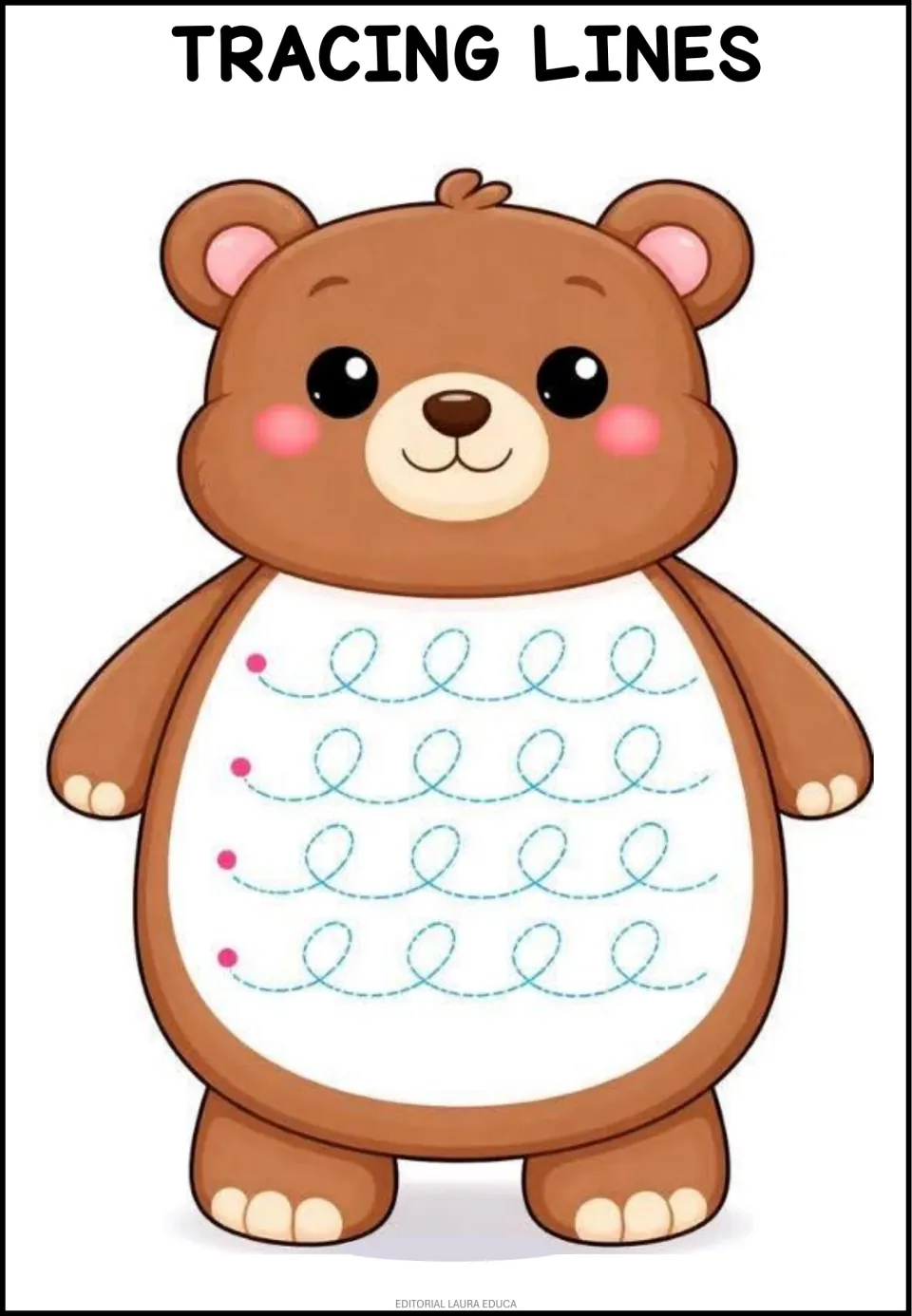 Bear tracing worksheet featuring four rows of connected upright loops, each marked by a pink starting dot