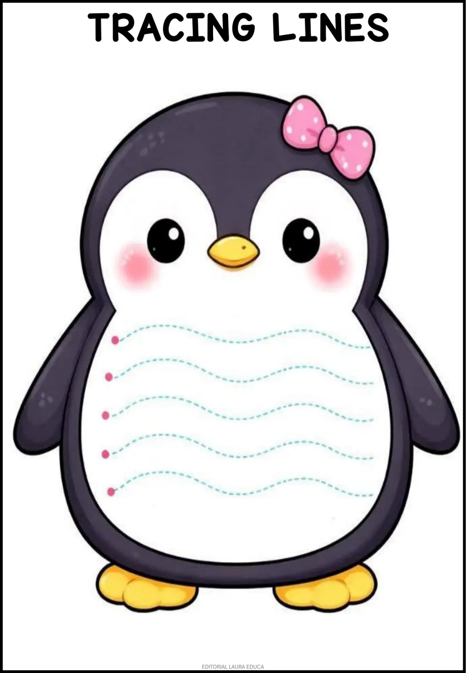 Penguin tracing worksheet featuring five rows of dashed wavy paths, each marked by a pink starting dot