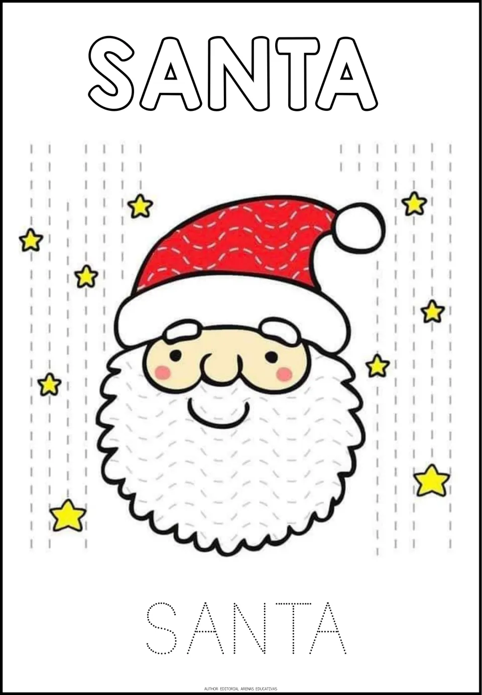 Santa tracing worksheet, first of eight pictures, with straight and wavy tracing paths and the word SANTA