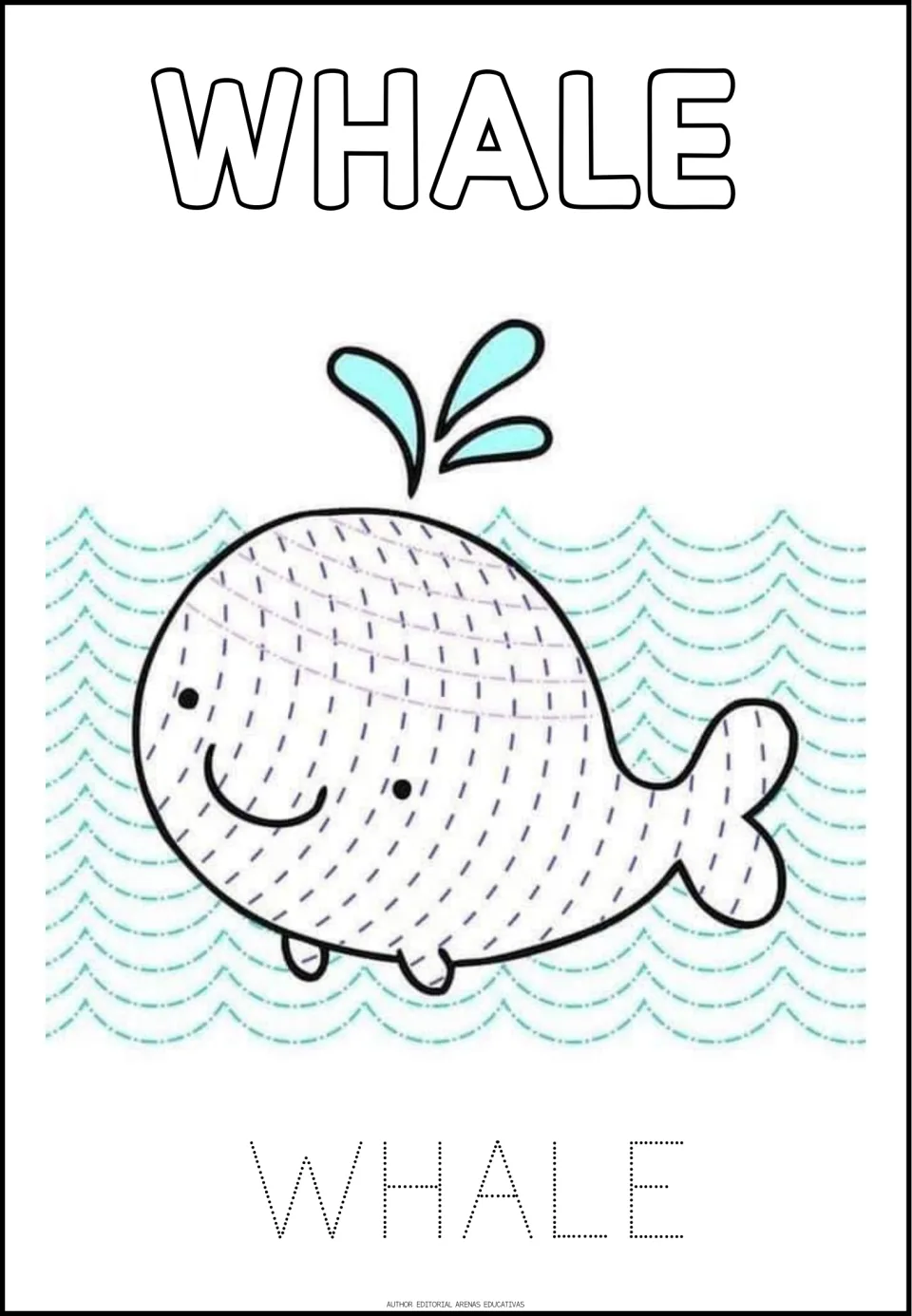 Whale tracing worksheet, second of eight pictures, with curved tracing paths and the uppercase word WHALE