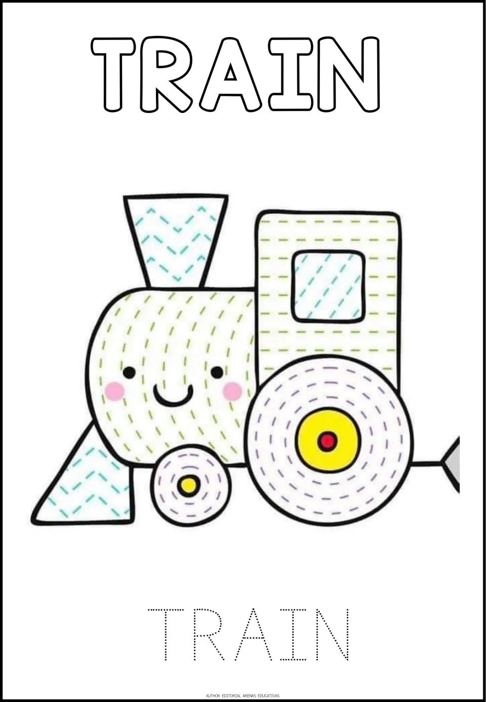 Train tracing worksheet, third of eight pictures, with circular and zigzag tracing paths and the word TRAIN