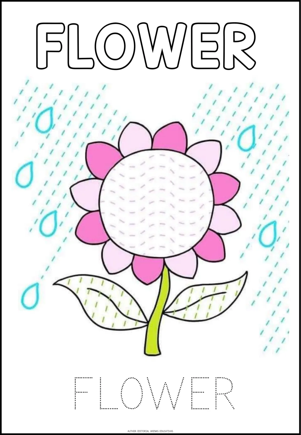Flower tracing worksheet, fourth of eight pictures, with curved and diagonal tracing paths and the word FLOWER