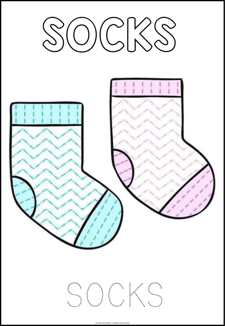 Socks tracing worksheet, fifth of eight pictures, with two socks, zigzag tracing paths, and the word SOCKS