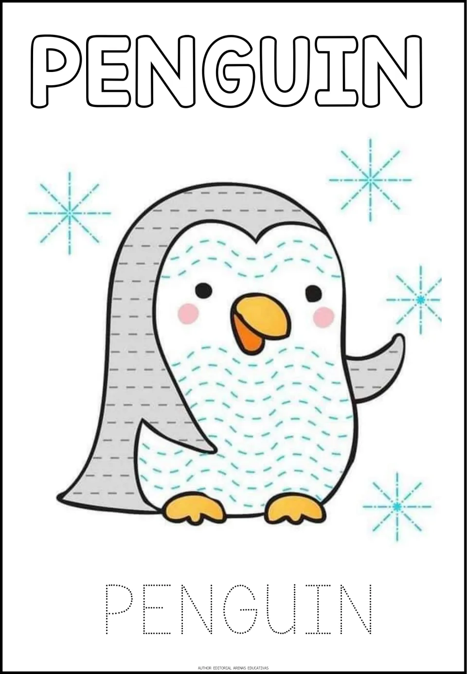 Penguin tracing worksheet, sixth of eight pictures, with straight and wavy tracing paths and the word PENGUIN