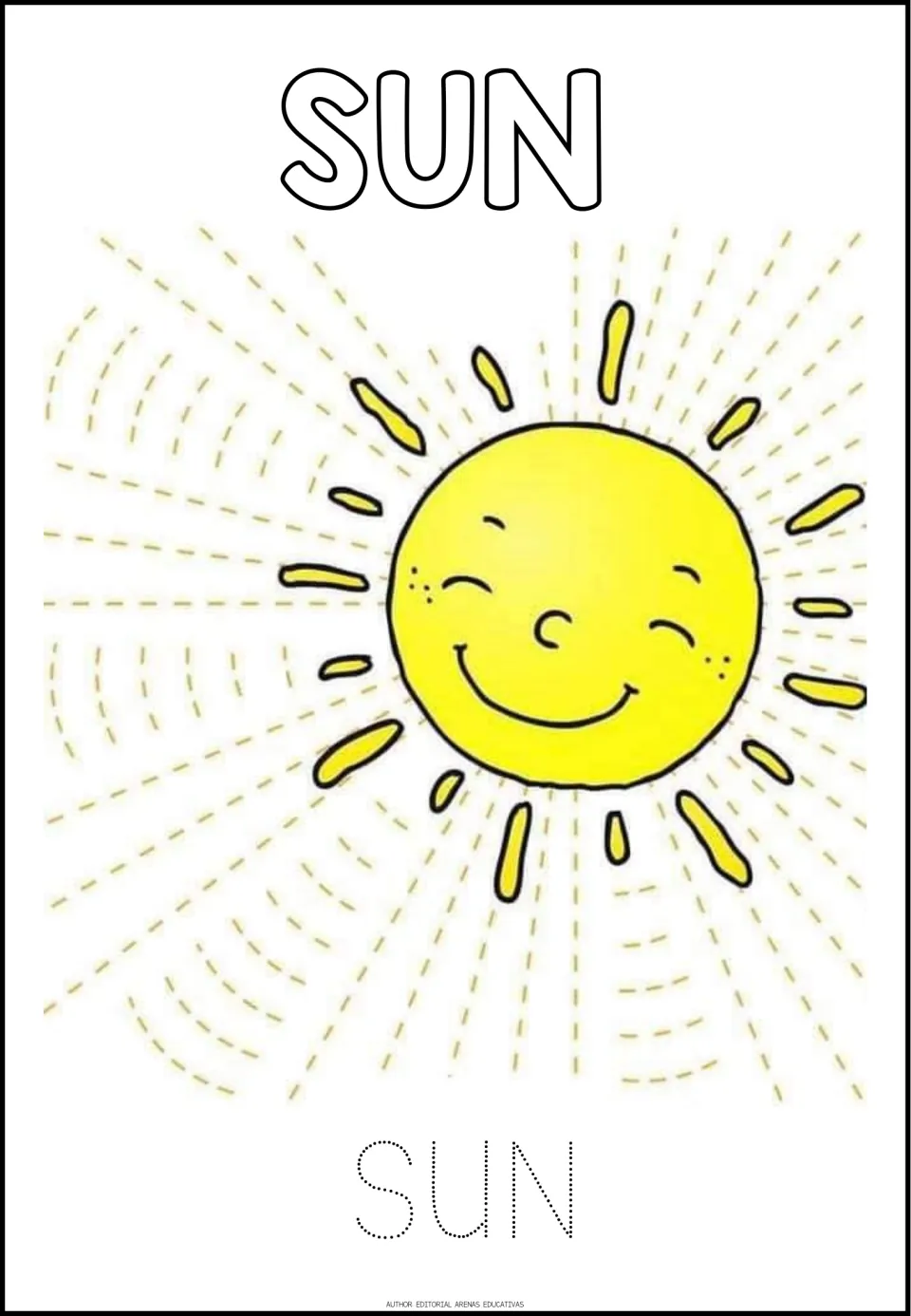 Sun tracing worksheet, seventh of eight pictures, with straight and curved tracing paths and the word SUN