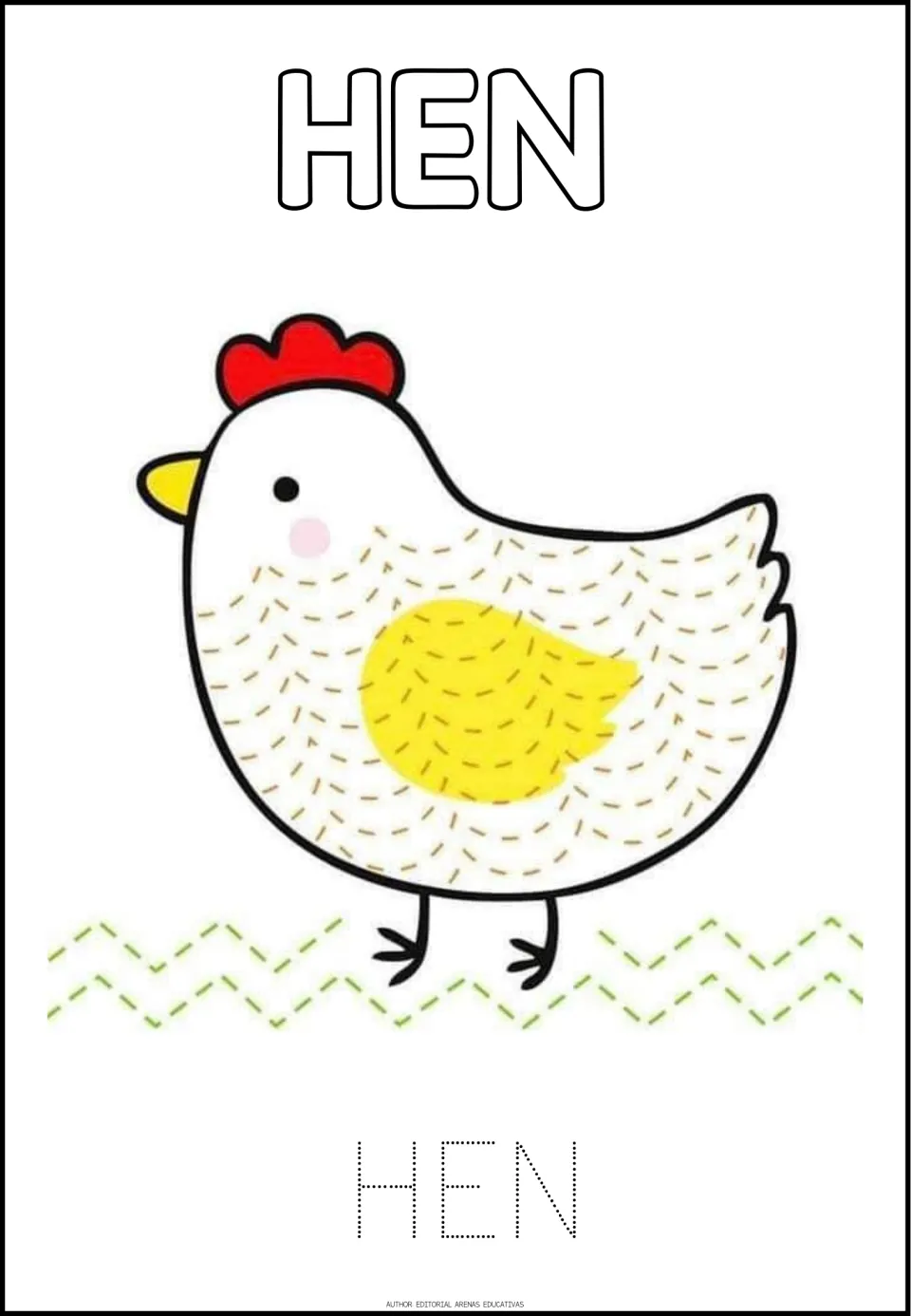 Hen tracing worksheet, eighth of eight pictures, with curved and zigzag tracing paths and the word HEN