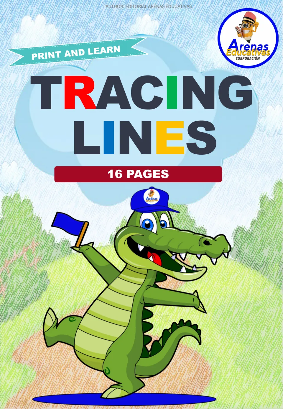 Tracing practice book cover labeled 'Tracing Lines,' 'Print and Learn,' and '16 Pages' for children