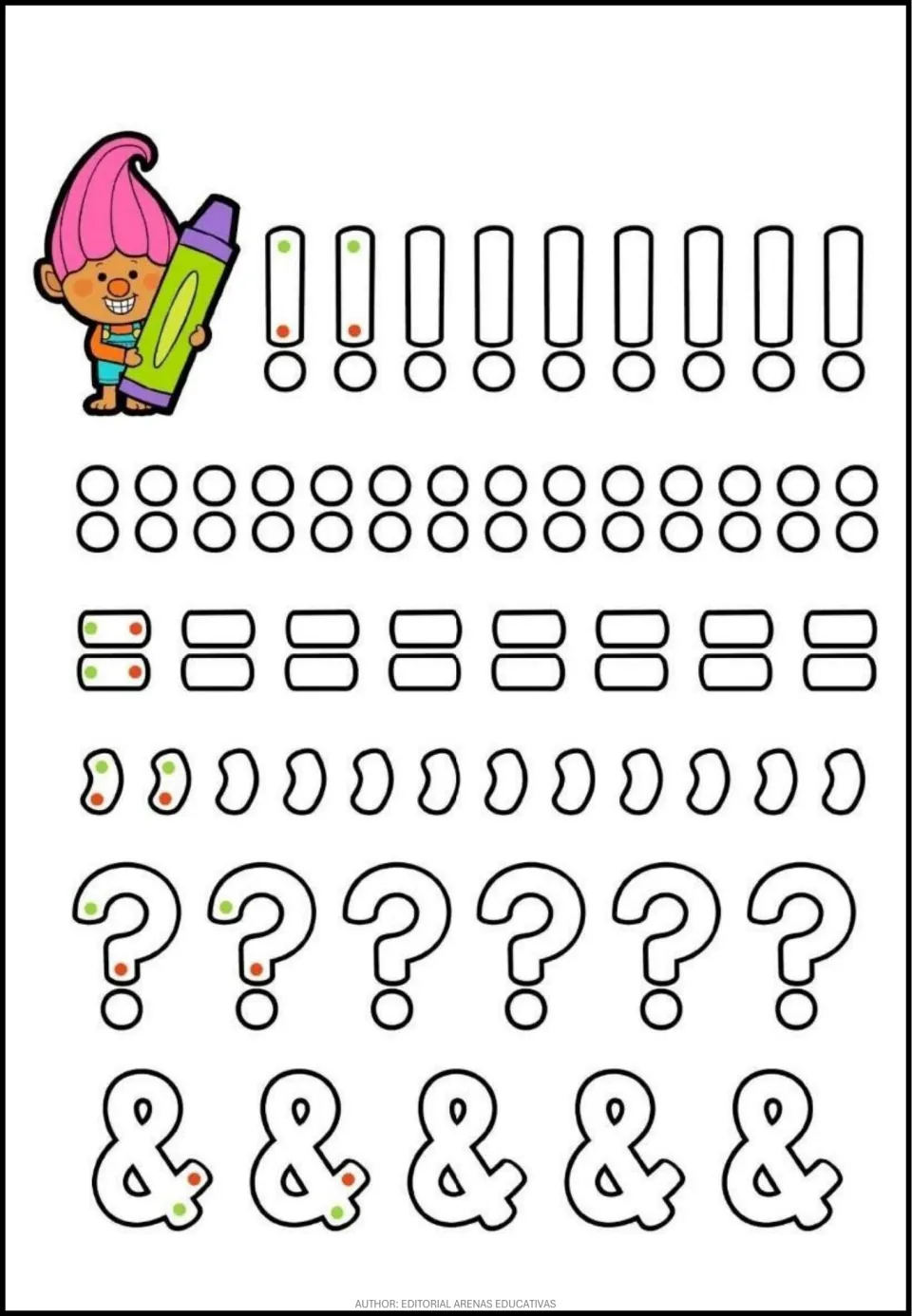 Tracing practice sheet of exclamation marks, colons, equal signs, commas, question marks, and ampersands