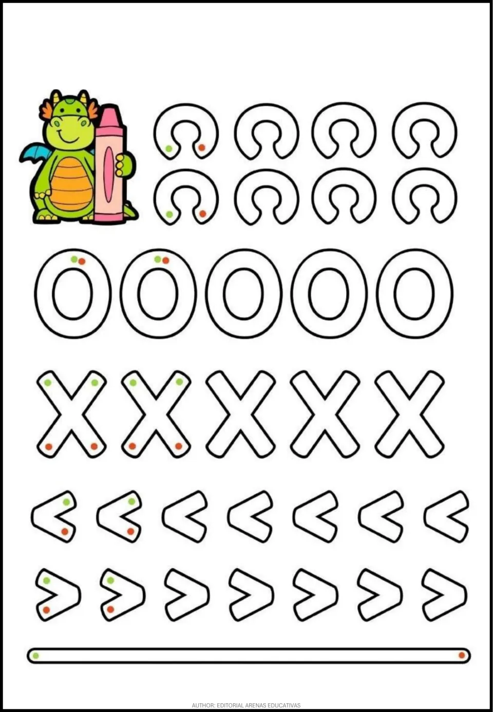 Tracing practice sheet of open curves, ovals, X shapes, and left- and right-facing angles with guide dots