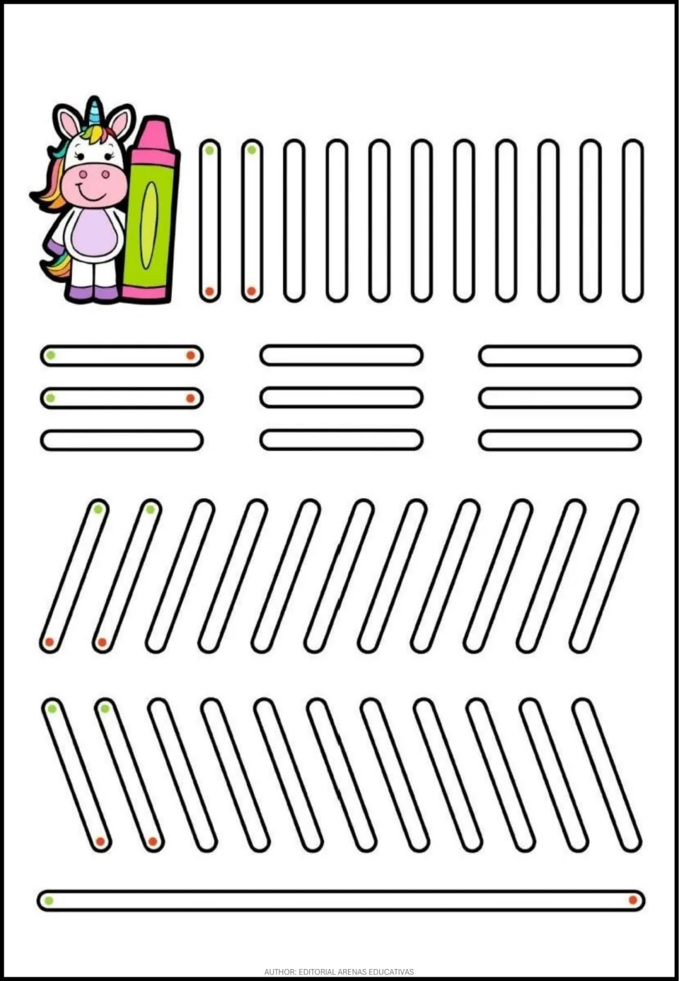 Straight-stroke tracing practice sheet with vertical, horizontal, and diagonal strokes in both directions