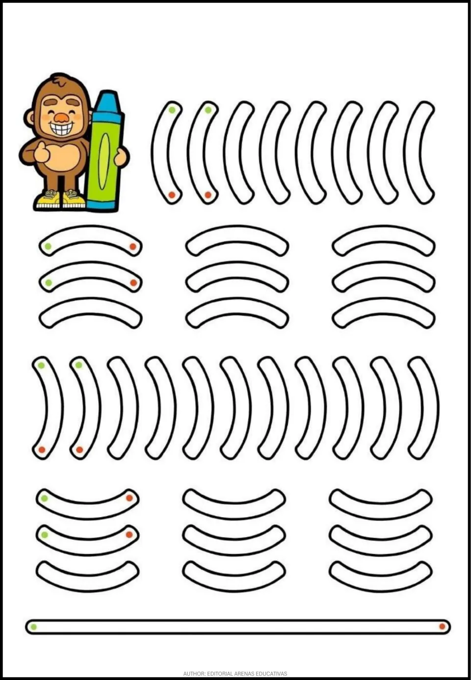 Curved-stroke tracing practice sheet with curves opening left, right, up, and down, plus a straight stroke