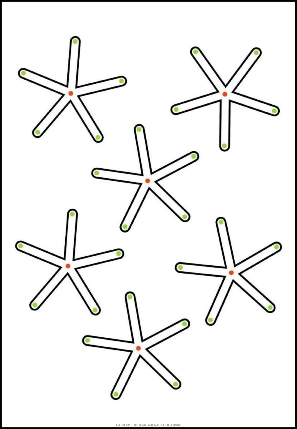 Tracing practice sheet of six five-spoke shapes, each marked with green outer dots and a red center dot