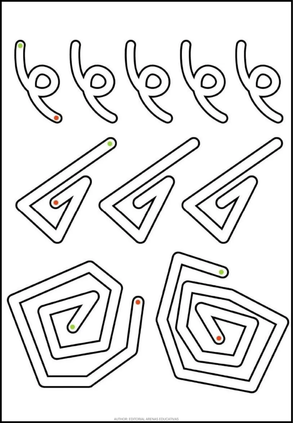 Tracing practice sheet of five looped strokes, three triangular spiral paths, and two polygonal spirals