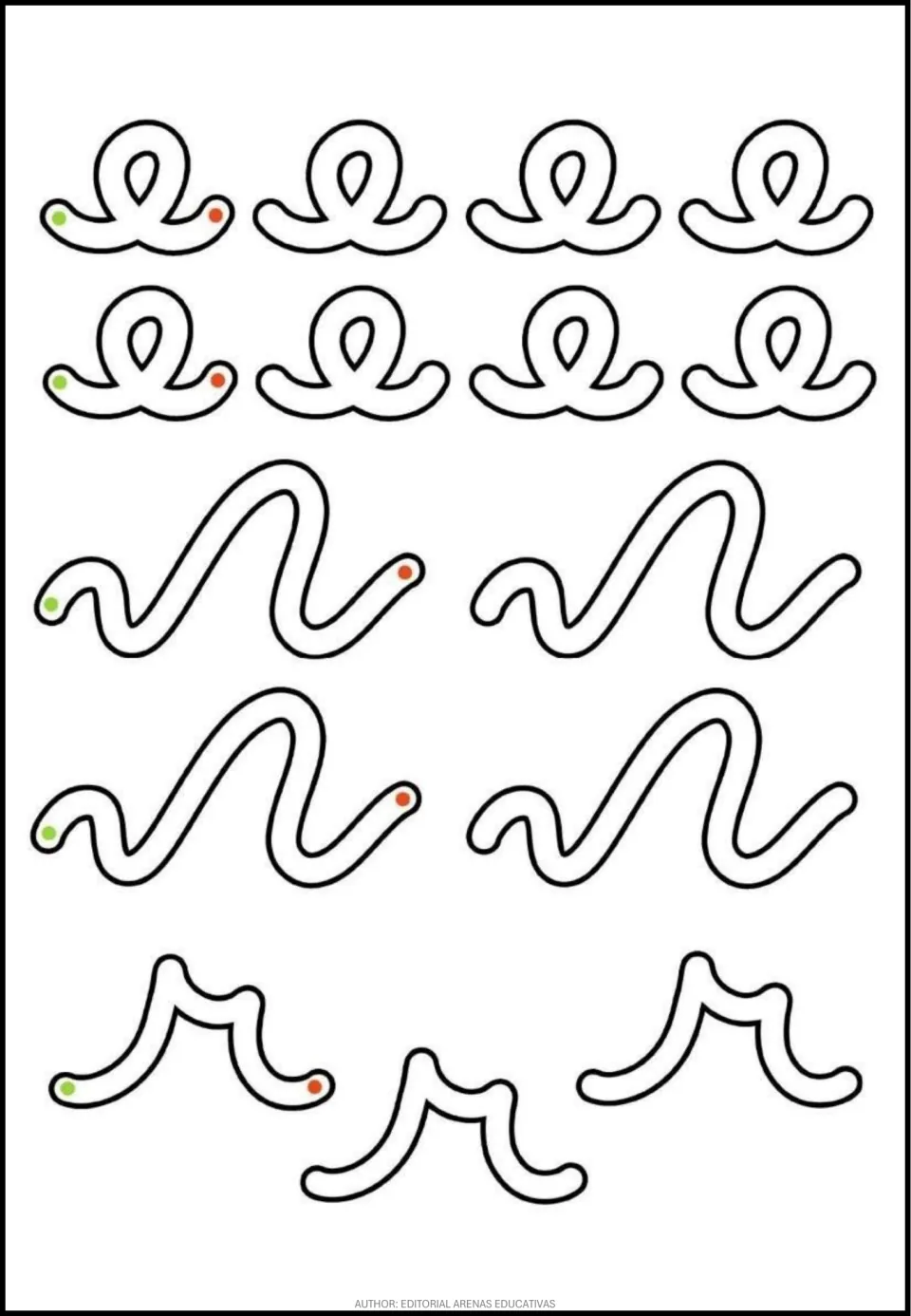 Tracing practice sheet of eight small loops, four sweeping curves, and three double-humped curved paths
