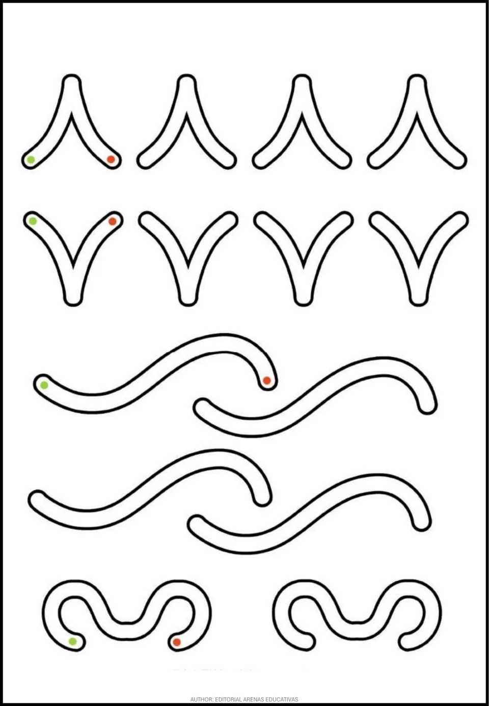 Tracing practice sheet of pointed arches, inverted arches, four S-shaped curves, and two curled paths