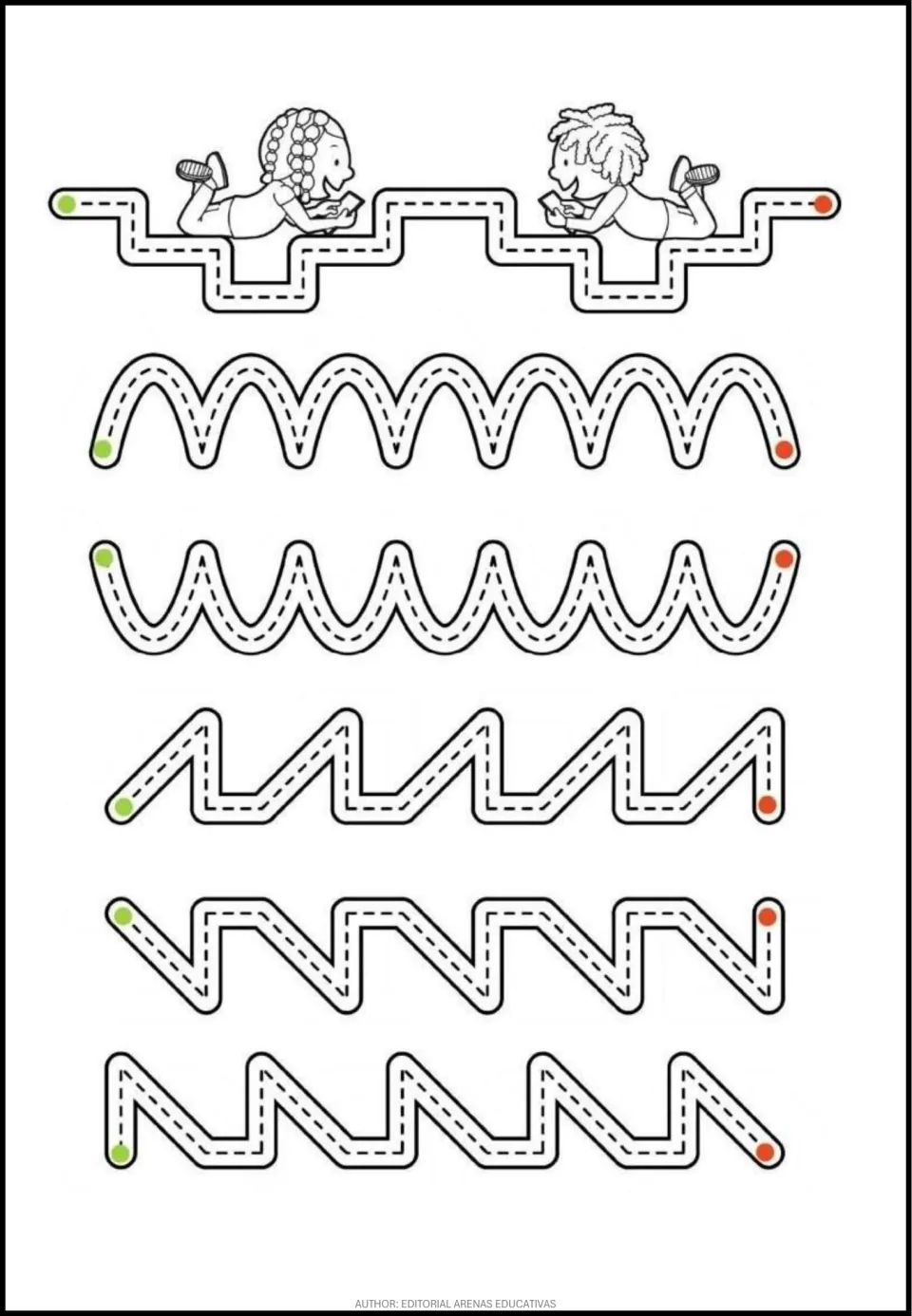 Tracing practice sheet of six connected paths: steps, upward and downward scallops, and three zigzag patterns