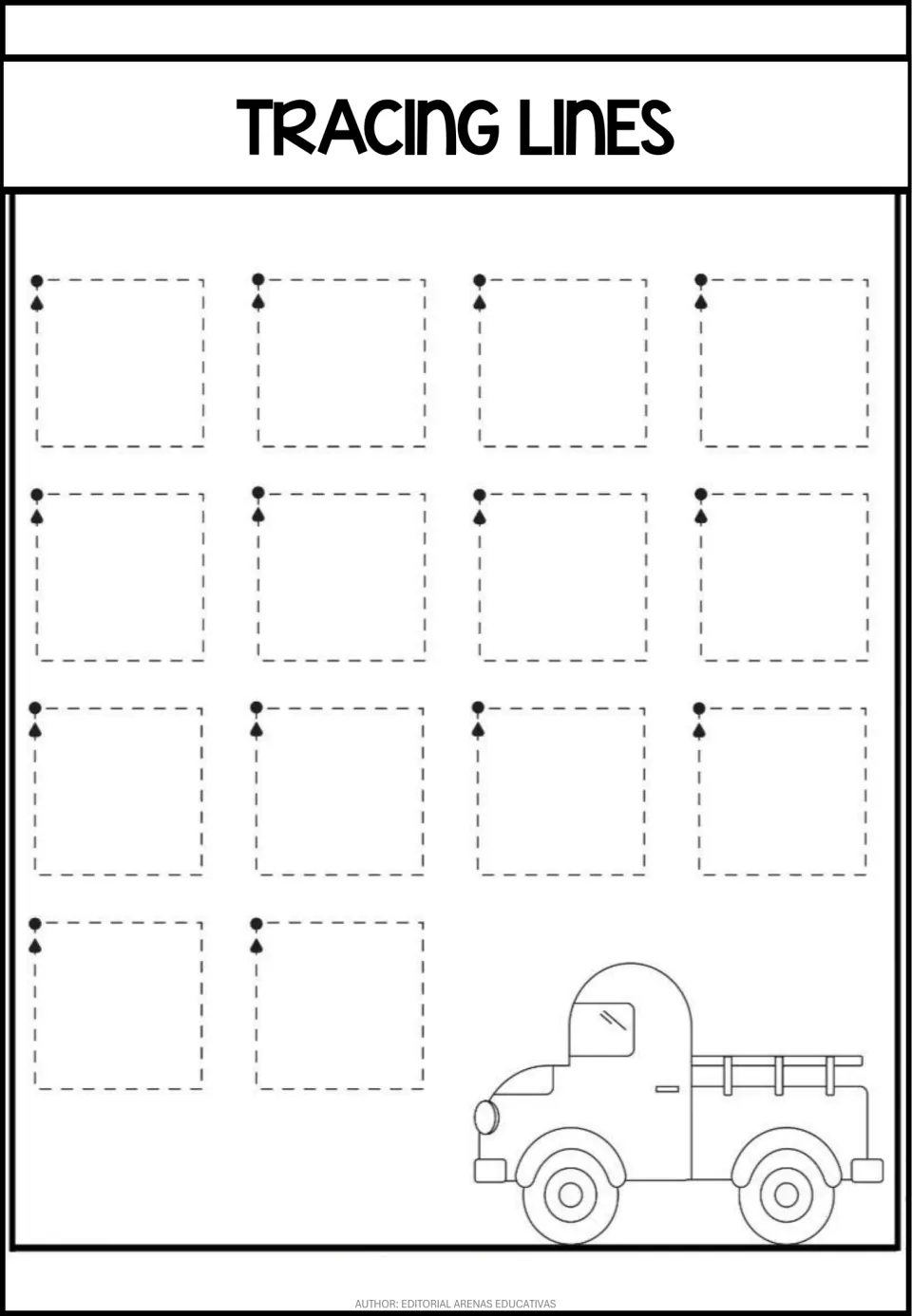 Square tracing practice sheet featuring 14 dashed square paths, each marked with a start dot and arrow