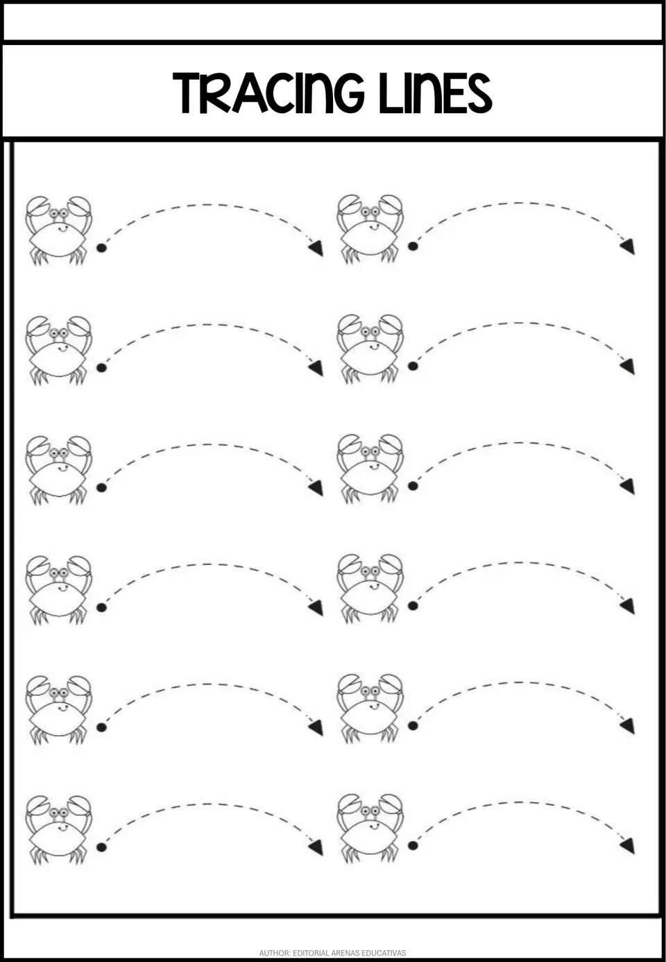 Curved stroke practice sheet featuring 12 dashed arches to trace from a starting dot to an ending arrow