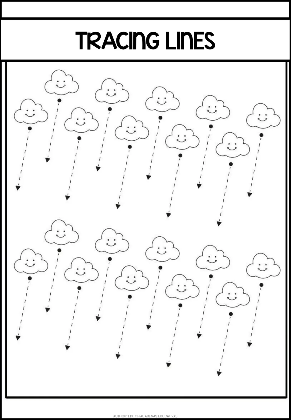 Short diagonal stroke practice sheet featuring 20 dashed paths to trace downward and toward the left
